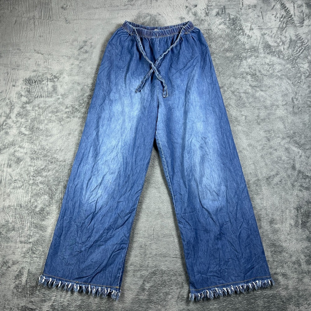 Tesettür Dünyası Pants Womens 38 Blue Wide Leg Elastic Waist Drawstring Raw Hem